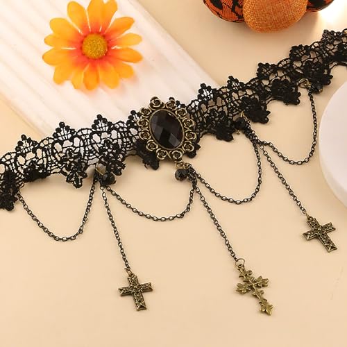 Gothic Victorian Style Vampire Choker Necklace for Women Black Crystal Tassel Lace Collar Necklace Halloween Punk Black Sexy Lace Necklace Halloween Cavewoman Costume - style: Cross Pendant