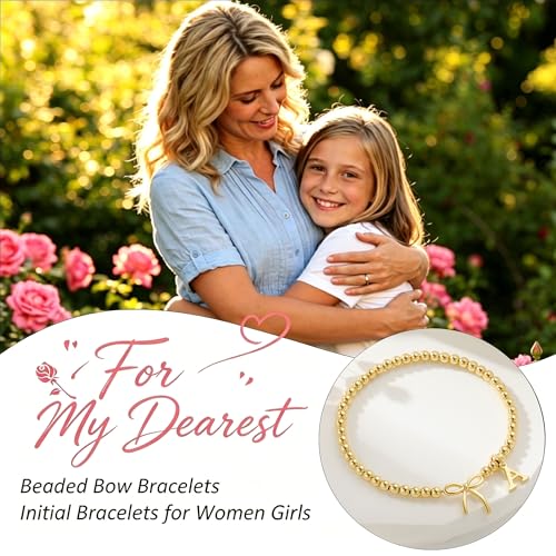 M MOOHAM Bow Initial Bracelets for Women Girls, Letter A-Z Beaded Bracelet | 14K Gold Plated, Bow Bracelets for Girls, Gold Bracelet, Beaded Initial Bracelet, Birthday Gift for Teen Girl Jewelry - color: J