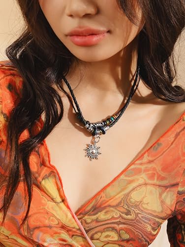 MINACHI Layered Boho Wood Bead Choker Necklace, Hollow Flower Charm, Personality Jewelry for Men and Women - style: Necklace L10-033