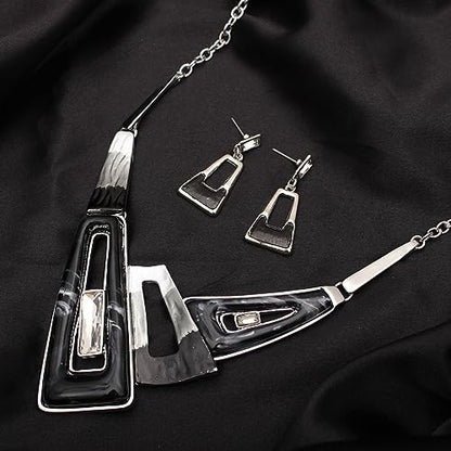 SFE Irregular Enamel Triangle Shape shell Collar Bib Bohemian Boho Statement Necklace Earrings Fashion Costume Jewelry Set for Women - color: Black-Platinum Plated