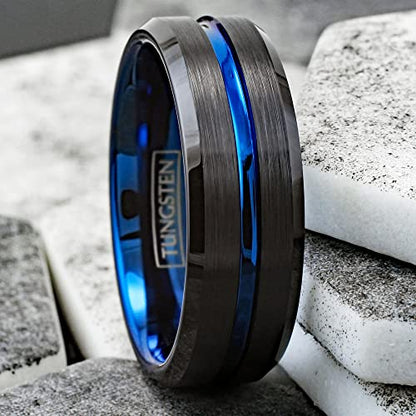 Engraved Personalized 6mm/8mm Brushed Finish Black Tungsten Carbide Band Ring w/Brilliant Thin Blue Line Stripe, Matching Blue Inner Band & Black Beveled Edges.