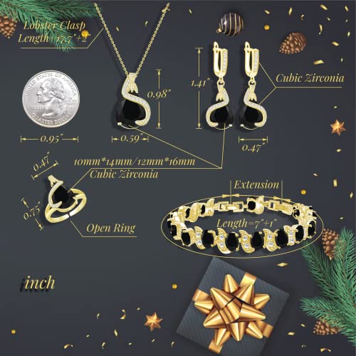 GZWHD Jewelry Set for Women Water Drop Cubic Zirconia Artificial Crystal Earrings Pendant Necklace Open Ring Tennis Bracelet Wedding Anniversary Birthday Engagement Gift for Bridesmaid Wife Girlfriend Friend - color: Gold-Black
