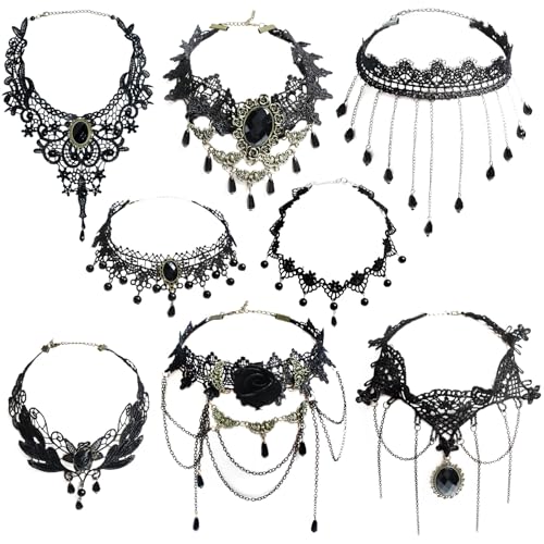 8 Pieces Lace Choker Necklace, Elegant Gothic Lace Choker, Black Halloween Sexy Retro Gothic Punk Style Neck Chain Collar Statement for Women Lady Victorian Wedding Party Cosplay