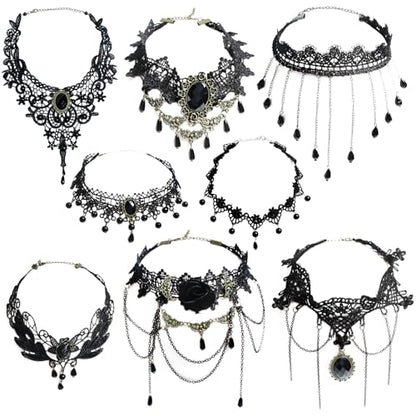 8 Pieces Lace Choker Necklace, Elegant Gothic Lace Choker, Black Halloween Sexy Retro Gothic Punk Style Neck Chain Collar Statement for Women Lady Victorian Wedding Party Cosplay