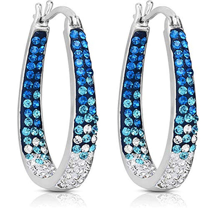 Savlano 14K White Gold Plated Inside Out Crystal Hoop Earrings For Women Comes With Savlano Gift Box - color: Light Blue-White