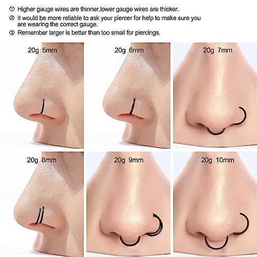 Nose Rings for Women, Gold Hypoallergenic Nose Ring Hoop, 316L Surgical Steel Septum Cartilage Earring, 20G 18G 16G 14 Guage Diameter 5mm to 16mm Body Piercing Lip Jewelry - color: Black Plated, size: Inner Diameter: 6 mm