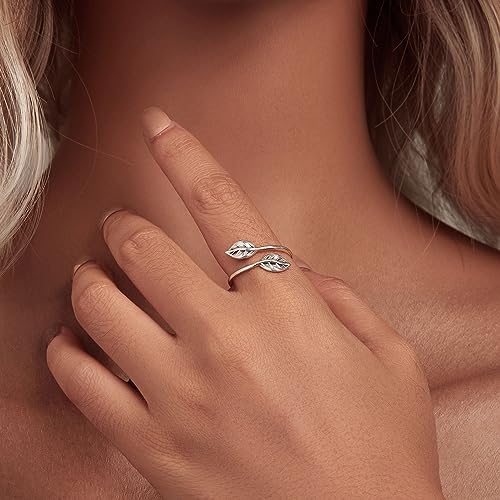 MUNDELL 925 Sterling Silver Simple Multi-layer Leaf Adjustable Ring Green Lucky Leaves Statement Ring for Women Promise Ring Fine Jewelry - color: Leaves
