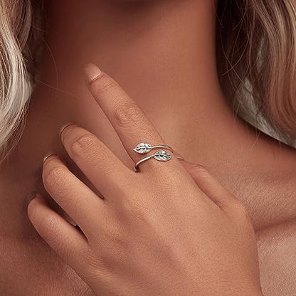 MUNDELL 925 Sterling Silver Simple Multi-layer Leaf Adjustable Ring Green Lucky Leaves Statement Ring for Women Promise Ring Fine Jewelry - color: Leaves