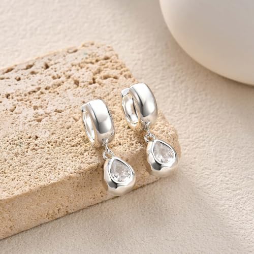 Gold Chunky Dangle Earrings for Women, Bezel Set Cubic Zirconia Charm | 14K Gold Silver Plated, Statement Huggie Hoops Drop Earrings, Trendy Jewelry Gifts, High Grade CZ, Hypoallergenic Lightweight - color: SL-Teardrop CZ Hoop