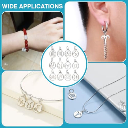 PH PandaHall 24pcs 304 Stainless Steel 12 Constellations Charms Zodiac Sign Pendants Charm Flat Round with Constellation Pendants Astrology Horoscope Charms for DIY Jewelry Craft Making