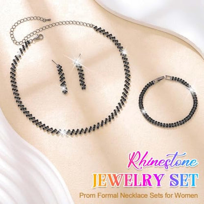 Rhinestone Bridal Wedding Jewelry Sets Silver Necklace Earrings Bracelet Set Prom Formal Costume Jewelry Set for Women and Brides - color: Black
