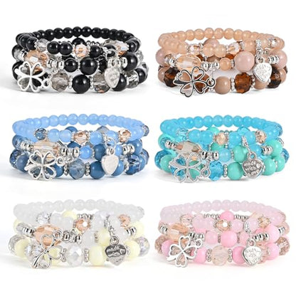 Bohemian Bracelet Sets for Women - 6 Sets Stackable Stretch Bracelets Multi-color Boho Jewelry for Women Hippie Bracelets Dainty Jewelry - color: Lucky grass stretch bracelet
