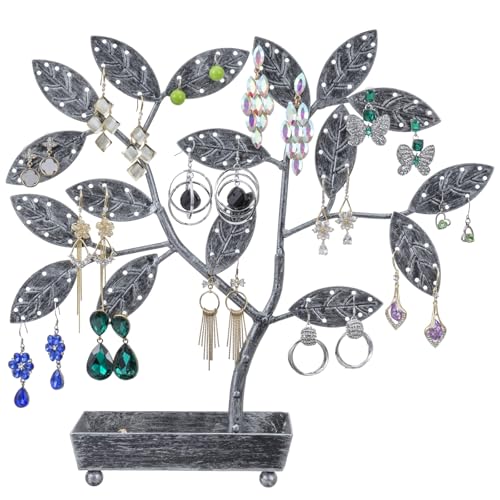 MyGift Jewelry Tree w/Bird Nest 48 pair Earrings Holder, Bracelets/Necklace Organizer Stand (Silver Metal) - color: Silver Metal