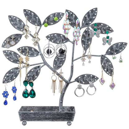 MyGift Jewelry Tree w/Bird Nest 48 pair Earrings Holder, Bracelets/Necklace Organizer Stand (Silver Metal) - color: Silver Metal