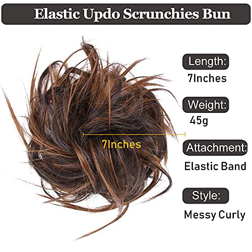HMD Tousled Updo Messy Bun Hair Piece for Women Synthetic Hair Extension | Messy Bun Hair Piece with Elastic Scrunchie Synthetic Tousled Updos Ponytail Hairstyles for Daily Wear - color: 6AH30# (Dark Brown & Light Auburn)