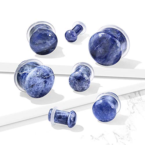 Pierced Owl - Natural Sodalite Stone Convex Single Flare Plug Gauges with Clear O-Rings, Sold as a Pair - style: 8mm (0GA)