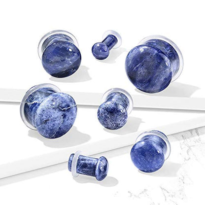 Pierced Owl - Natural Sodalite Stone Convex Single Flare Plug Gauges with Clear O-Rings, Sold as a Pair - style: 8mm (0GA)
