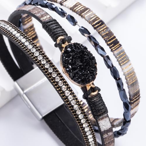 Boho Chunky Leather Wrap Bracelets Stackable Beaded Western Country Jewelry | Crystal Bead Trendy Layered Cuff Magnetic Clasp Stack Bohemian Statement Costume Outfits Cowgirl Fashion Hippie Accessories - color: Boho Black, size: 7.7"