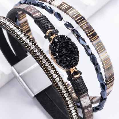 Boho Chunky Leather Wrap Bracelets Stackable Beaded Western Country Jewelry | Crystal Bead Trendy Layered Cuff Magnetic Clasp Stack Bohemian Statement Costume Outfits Cowgirl Fashion Hippie Accessories - color: Boho Black, size: 7.7"