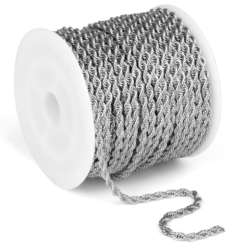 33FT Stainless Steel Rope Chain 2.5mm Silver Chain Bulk for Jewelry Making | Dainty Twist Link Chain Roll for Necklace Bracelet Crafts - color: Stainless Steel, size: 2.5mm width