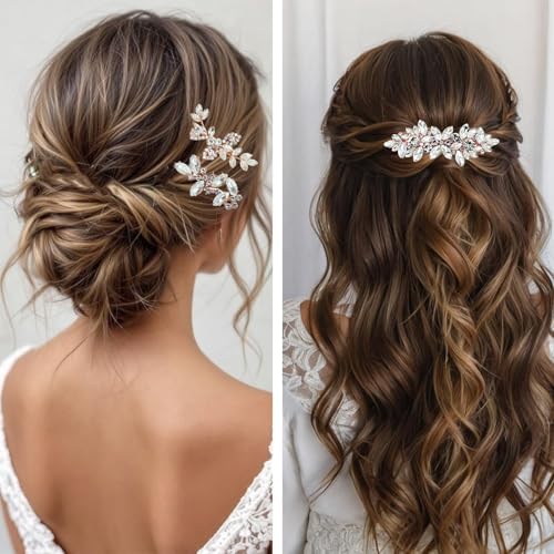 4 Pieces Rhinestone Hair Clips Leaf Wedding Hair Pins Crystal Bobby Pins Bridal Hairpin Barrette for Brides Bridesmaids Flower Girls (Rose Gold) - color: Rose Gold