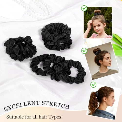 Satin Scrunchies for Women – 8PCS Blush & Brown Silk Hair Ties Set – No Crease, Frizz-Free, Gentle Elastic Hair Bands, Soft & Stylish Everyday Hair Accessories Gifts - color: Small-Black