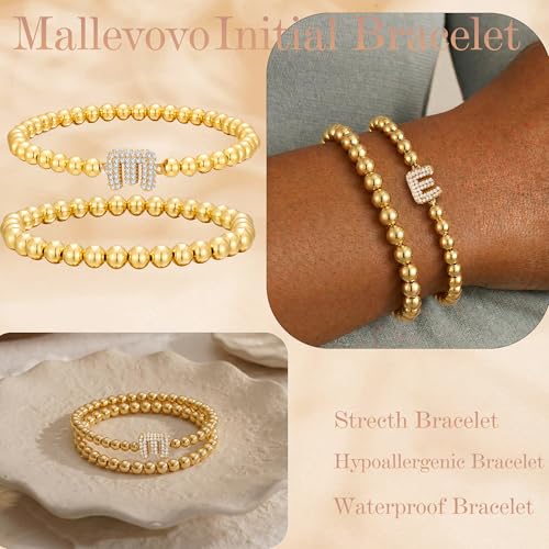 Initial Stack Bracelet Set for Women Trendy 14K Gold Plated Beaded Stackable Stacking Stretch Name Bracelets Dainty Friendship Waterproof Charm Cute Birthday Jewelry Gifts for Women - color: Initial E