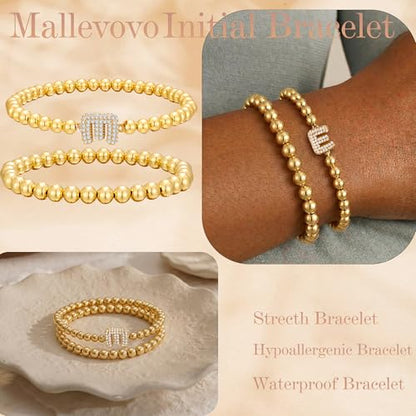 Initial Stack Bracelet Set for Women Trendy 14K Gold Plated Beaded Stackable Stacking Stretch Name Bracelets Dainty Friendship Waterproof Charm Cute Birthday Jewelry Gifts for Women - color: Initial E