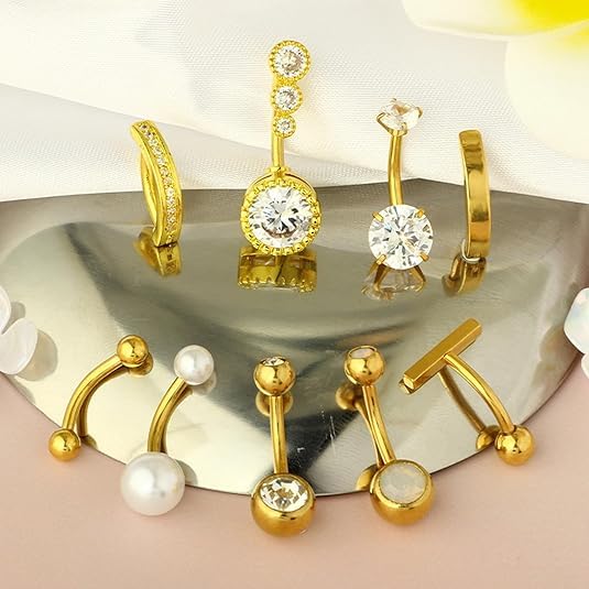 9 Pcs Pearl Belly Button Ring, Gold Belly Rings for Women | CZ Crystal Pearl Opal Belly Piercing Jewelry Surgical Stainless Steel Navel Piercing Rings Curved Barbells for Daily Wear