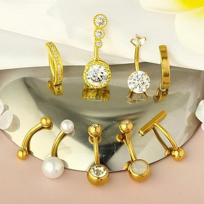 9 Pcs Pearl Belly Button Ring, Gold Belly Rings for Women | CZ Crystal Pearl Opal Belly Piercing Jewelry Surgical Stainless Steel Navel Piercing Rings Curved Barbells for Daily Wear