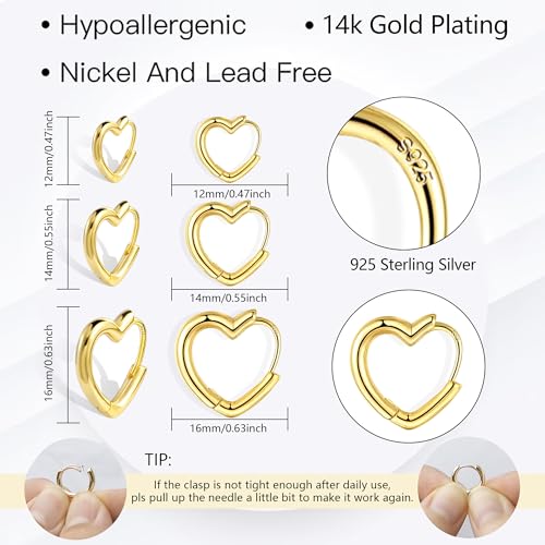 Silver 3 Pairs Heart Earrings Set for Women 14K Gold Plated Hoops, ALEXCRAFT Minimalist Hearts Shaped Small Big Silver Huggie Hoop Trendy Earring Hypoallergenic Thick Chunky Earings - color: Gold