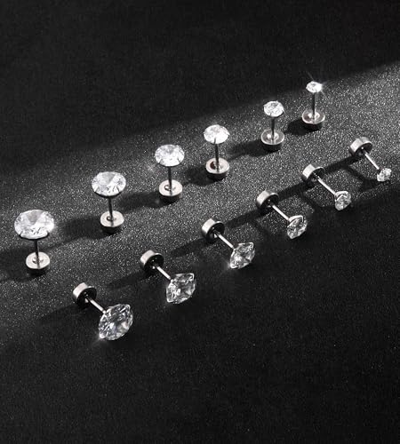 6 Pairs 20G Flat Back Stud Earrings, 316L Surgical Steel CZ Set | Hypoallergenic 316L surgical steel, AAAAA CZ, secure screw backs and six 2-8mm sizes for sensitive ears, helix and tragus.
