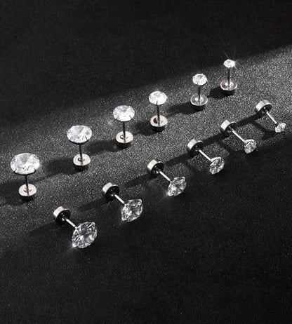 6 Pairs 20G Flat Back Stud Earrings, 316L Surgical Steel CZ Set | Hypoallergenic 316L surgical steel, AAAAA CZ, secure screw backs and six 2-8mm sizes for sensitive ears, helix and tragus.
