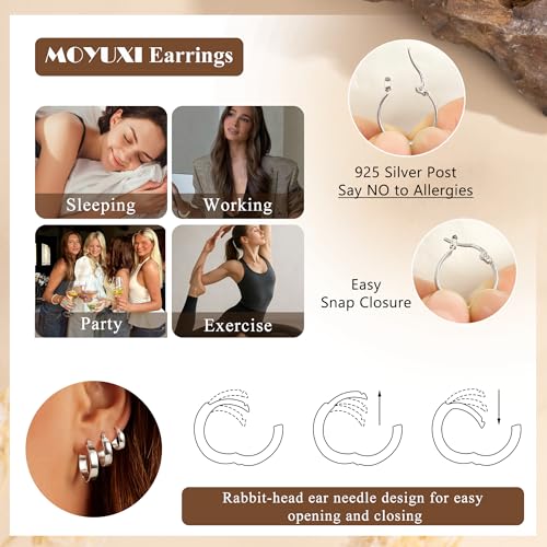5mm Chunky Hoop Earrings Set, 3 Pairs Durable Bold Small Gold Hoop Earrings, Hypoallergenic 925 Silver Post Huggie Hoops, Lightweight Stacked-Style Thick Hoops Earring for Women - color: Silver, size: 15/20/25mm