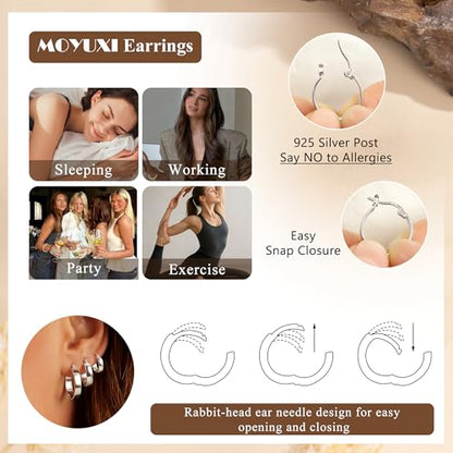 5mm Chunky Hoop Earrings Set, 3 Pairs Durable Bold Small Gold Hoop Earrings, Hypoallergenic 925 Silver Post Huggie Hoops, Lightweight Stacked-Style Thick Hoops Earring for Women - color: Silver, size: 15/20/25mm