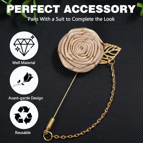 Gold Lapel Pin for Men, Gold Foil Brooch Men's White Flower Satin Lapel Pin with Metal Chain for Suits Professional Tuxedo Groom Wedding Brooch - color: Champagne