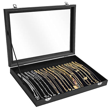 Siveit Premium Necklace Organizer Box - 20 Hooks Jewelry Tray with Transparent Lid - Display Box for Necklaces, Pendants - Suitable for Women and Girls (Black) - color: Black