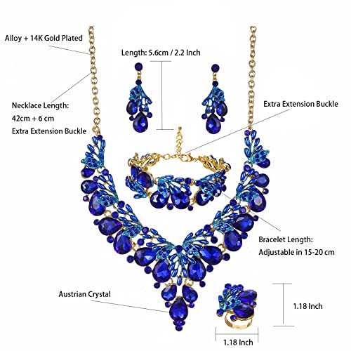 Jewelry Set for Women, Statement Necklace Dangle Earrings Bracelet Ring, White/KC Gold Plated Jewelry Set with Rhinestone Pearl Crystal Wedding Party Jewelry for Bridal Bridesmaid - color: Blue-Gold Plated