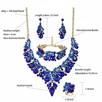 Jewelry Set for Women, Statement Necklace Dangle Earrings Bracelet Ring, White/KC Gold Plated Jewelry Set with Rhinestone Pearl Crystal Wedding Party Jewelry for Bridal Bridesmaid - color: Blue-Gold Plated