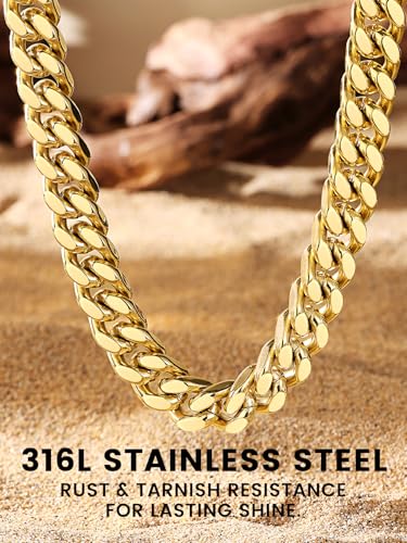 Bestyle Thick Stainless Steel Mens Cuban Link Chain, Black/Gold Chain for Men, No Tarnish & Durable Men Chain Necklace, 5/7/9/12mm Wide, 18"-30" Long, Gift Package - style: b. 12mm-Gold