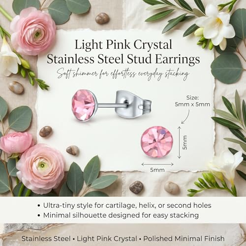 Stainless Steel Stud Earrings 5mm Crystal Birthstone Ultra-Tiny Cartilage Tragus Helix Second Ear Stackable Jewelry - color: Light Pink