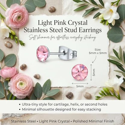 Stainless Steel Stud Earrings 5mm Crystal Birthstone Ultra-Tiny Cartilage Tragus Helix Second Ear Stackable Jewelry - color: Light Pink