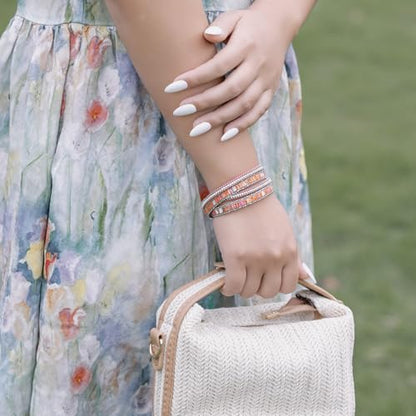 Boho Double Wrap Leather Bracelets Stackable Layered Western Hippie Jewelry | Colorful Stacked Bohemian Statement Chunky Magnetic Clasp Cuff Bangles Cowgirl Country Summer Beach Outfits for Women Trendy - color: Hot Pink