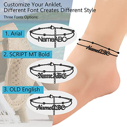 PROSTEEL Trendy Handcuffs Design/Customize Words Ankle Bracelet For Women, 316L Stainless Steel Anklets Silver/Gold/Black Tone, Hypoallergenic, Come with Box - style: 06 Customize-Bead Chain(8.5"-10.5")-Cool Black