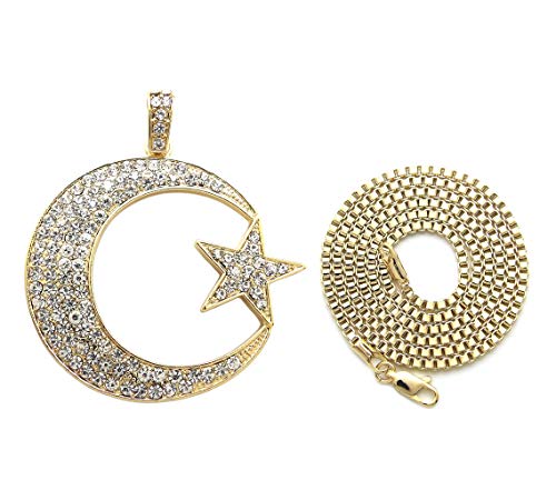 Fashion 21 Unisex Iced Out Crescent Moon & Star Pendant 24" Various Chain Necklace in Gold, Silver Tone - color: Gold / 2mm 24" Box Chain