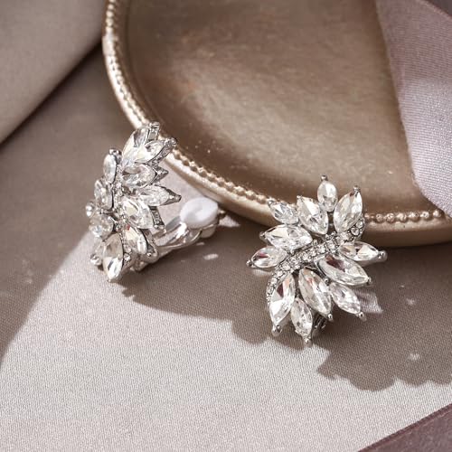 EVER FAITH Sparkly Rhinestone Clip-on Earrings for Women Bride, Fashion Marquise Crystal Cluster Wedding Bridal Stud Earring for Prom Formal Party - color: Clear Silver-Tone