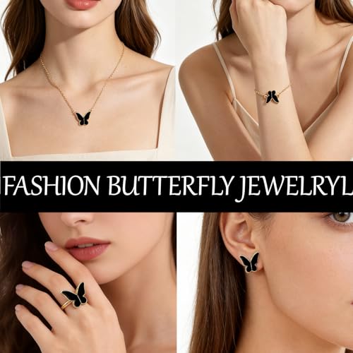Butterfly Jewelry Set, Including Butterfly Necklace, Bracelet, Stud Earrings, and Adjustable Ring for Women - color: Black