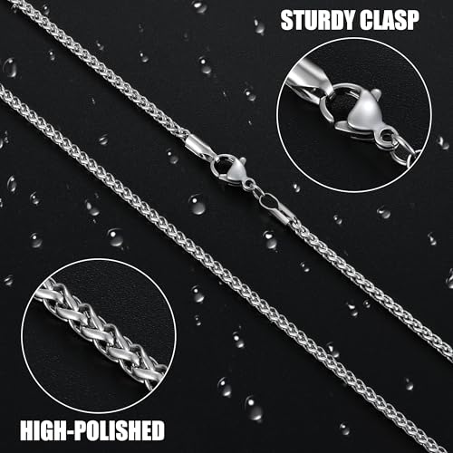 Fiusem Wheat Chains for Men and Women, Silver Tone/Black/14K Gold Plated | 2/2.5/3/4/5mm Stainless Steel Necklace Chain, Mens Necklace Jewelry Gift 16-28 Inch - size: 22 Inches, style: Silver 2.1MM
