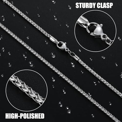 Fiusem Wheat Chains for Men and Women, Silver Tone/Black/14K Gold Plated | 2/2.5/3/4/5mm Stainless Steel Necklace Chain, Mens Necklace Jewelry Gift 16-28 Inch - size: 18 Inches, style: Silver 2.1MM