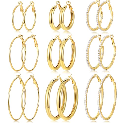 12 Pairs Gold Hoop Earrings Set for Women, Lightweight Big/Large Hoop Earrings Multipack, Hypoallergenic Gold Hoops Earrings Pack for Jewelry Gift 30mm/40mm/50mm - color: gold-CZ